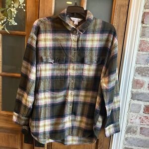 Old‎ Navy The Boyfriend Shirt Olive Plaid Long Sleeve Tunic Cotton Women's L